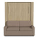 Natural Oak Inovabed Wall Bed with Sofa and Two Nightstands seen head-on on a white background, closed with a two-seat beige sofa in front of the cabinet