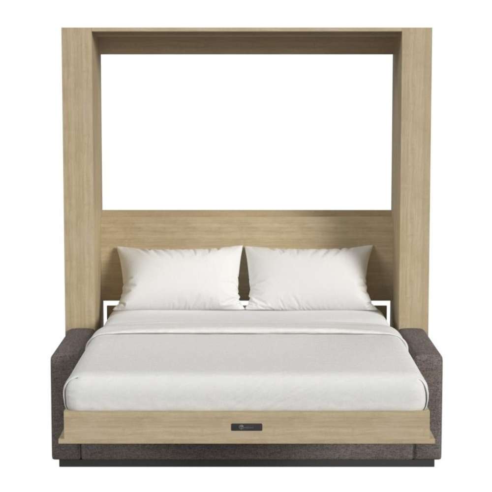 Natural Oak Inovabed Wall Bed with Sofa and Two Nightstands seen head-on on a white background, opened with two white pillows, white bedding and a dark sofa base