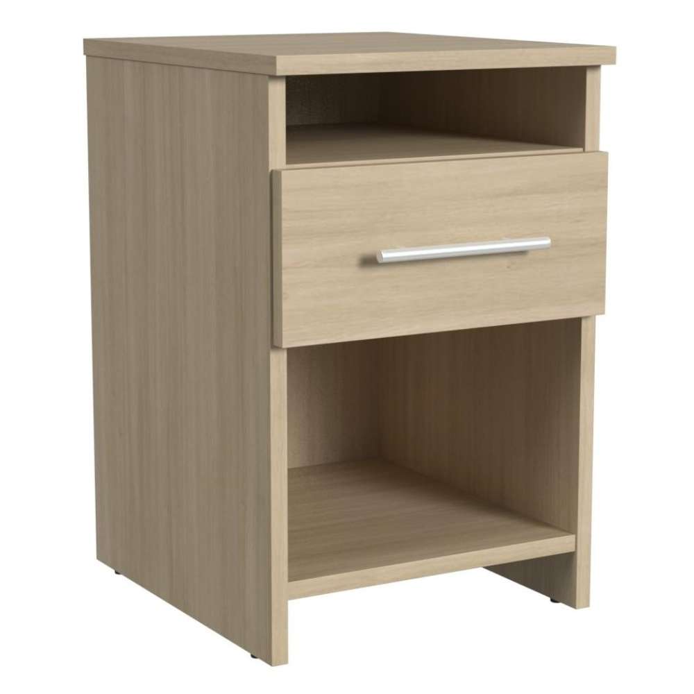 Natural Oak Inovabed Wall Bed with Sofa and Two Nightstands showing one nightstand at an angle on a white background
