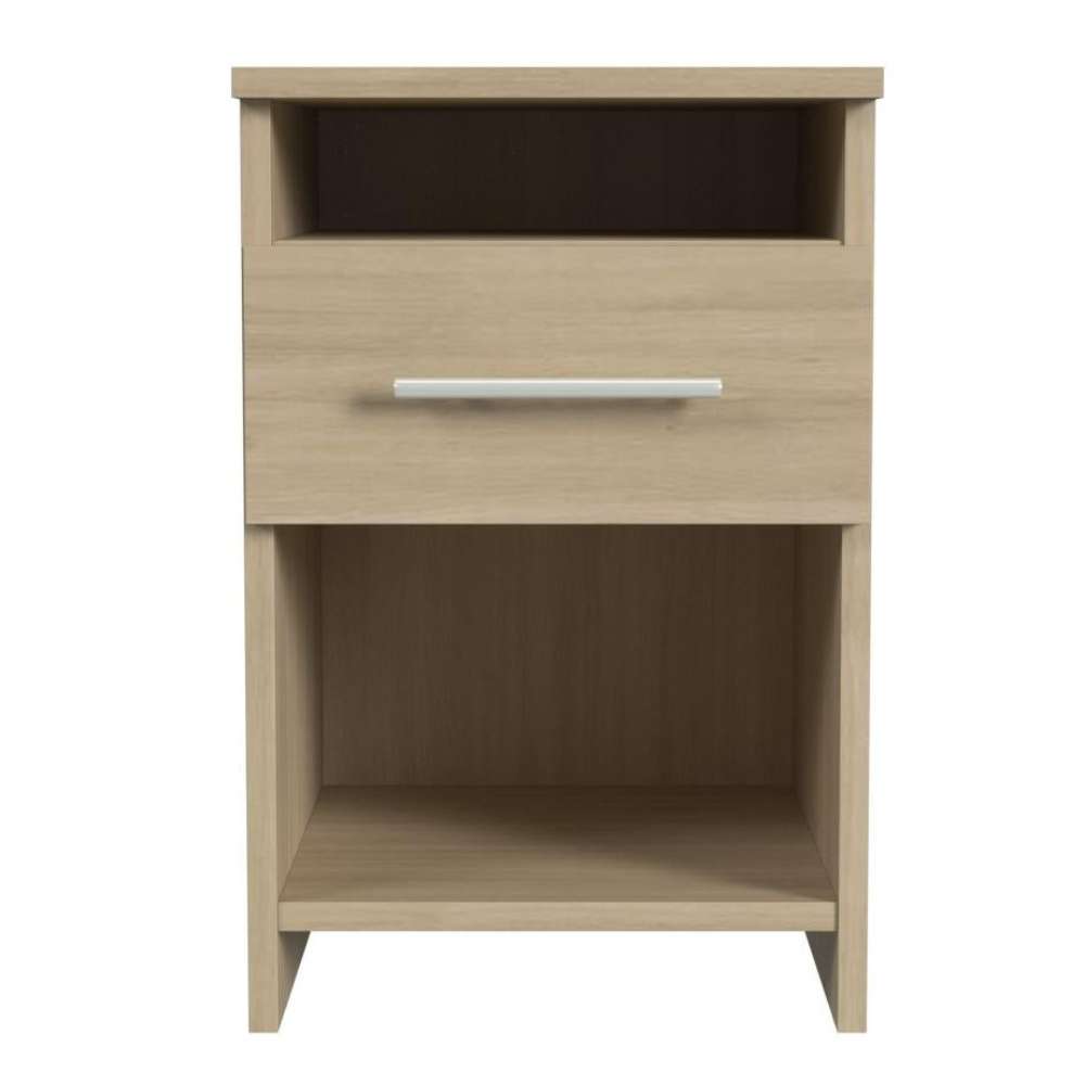 Natural Oak Inovabed Wall Bed with Sofa and Two Nightstands showing one nightstand head-on on a white background