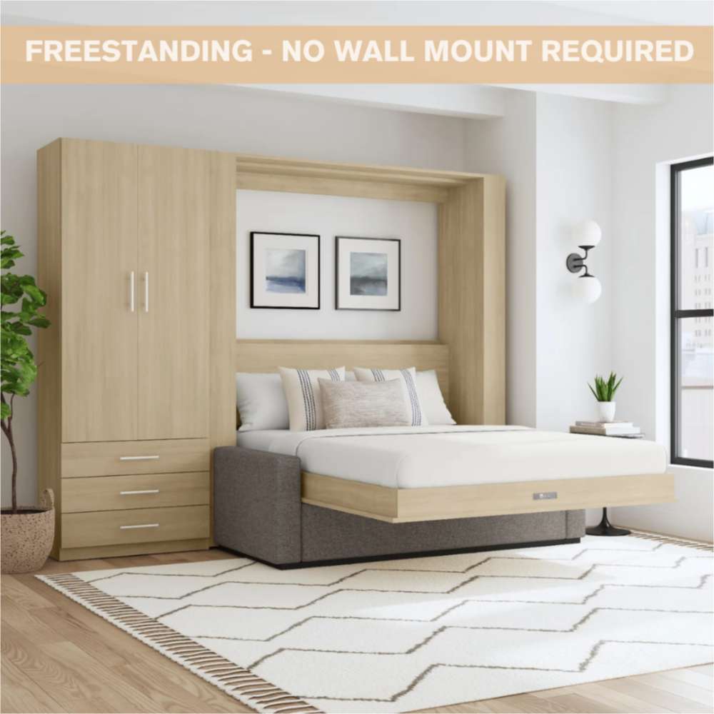 Natural Oak Inovabed Wall Bed with Sofa and Wide Flex Cabinet opened in a bright room beside the Wide Flex Cabinet under a banner reading freestanding no wall mount required