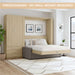 Natural Oak Inovabed Wall Bed with Sofa and Wide Flex Cabinet opened in a bright room beside the Wide Flex Cabinet under a banner reading freestanding no wall mount required