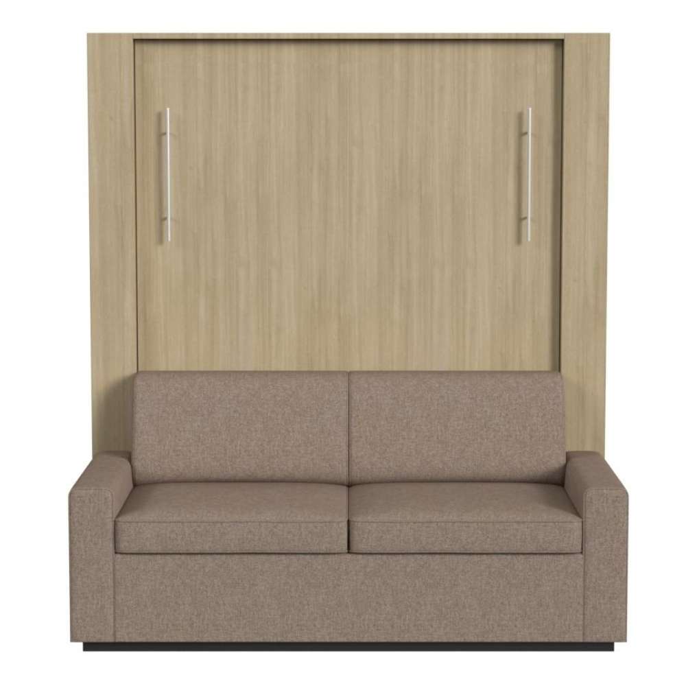 Natural Oak Inovabed Wall Bed with Sofa and Wide Flex Cabinet seen head-on on a white background, closed with a two-seat beige sofa in front of the cabinet