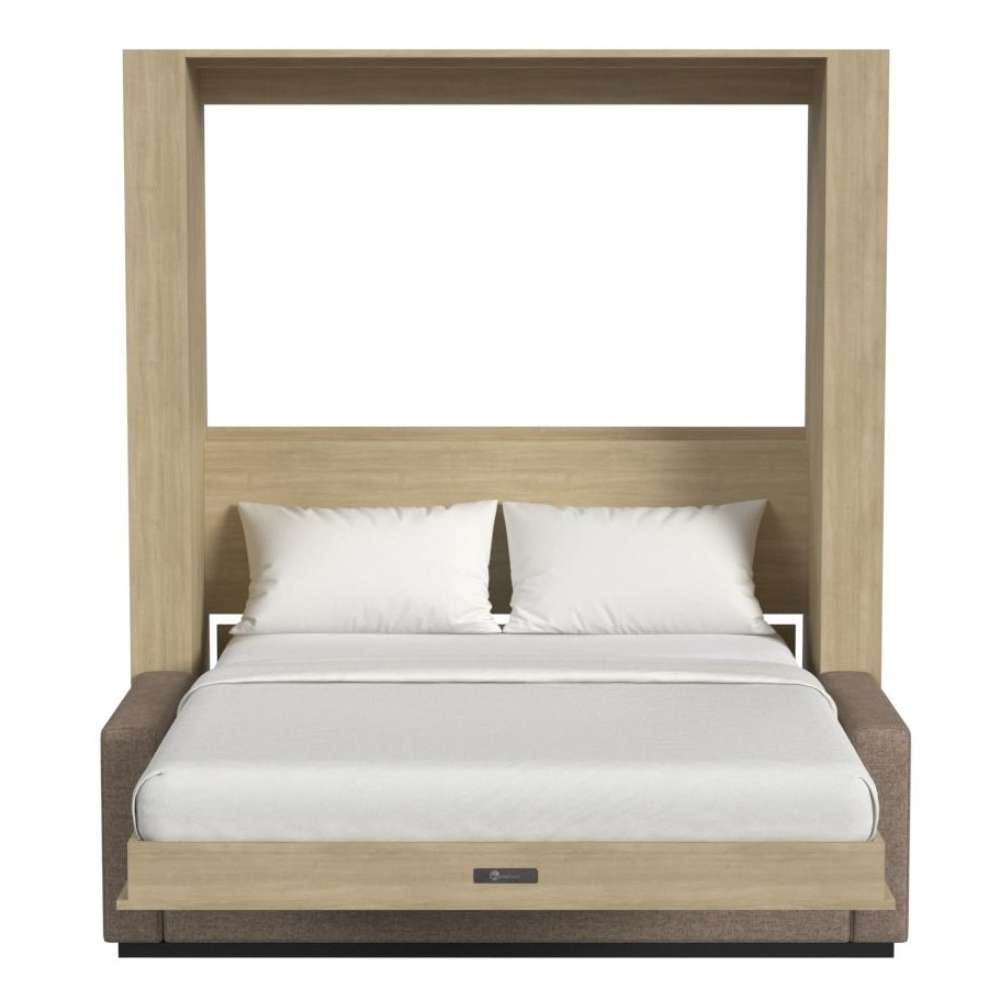 Natural Oak Inovabed Wall Bed with Sofa and Wide Flex Cabinet seen head-on on a white background, opened with two white pillows, white bedding and a gray sofa base