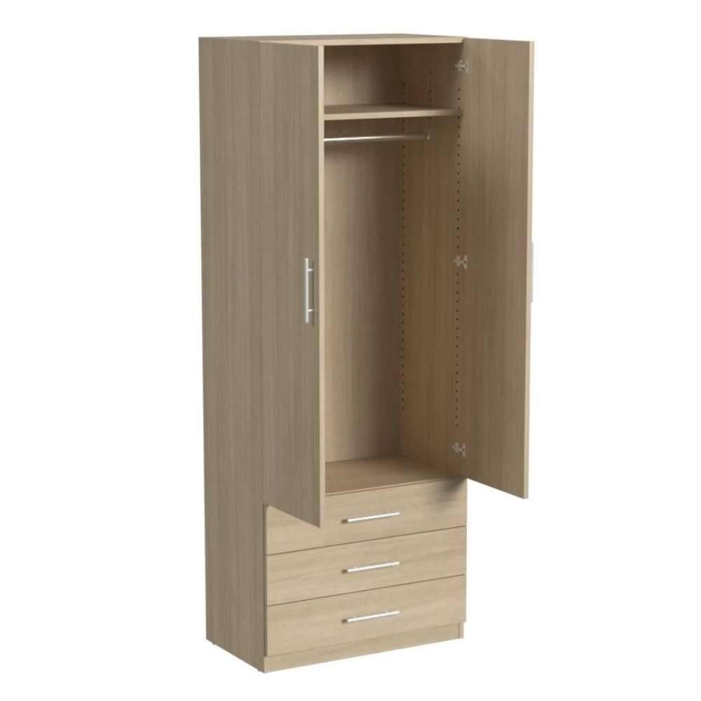 Natural Oak Inovabed Wall Bed with Sofa and Wide Flex Cabinet showing the Wide Flex Cabinet at an angle on a white background with one door open on a wardrobe rod above three drawers