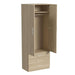 Natural Oak Inovabed Wall Bed with Sofa and Wide Flex Cabinet showing the Wide Flex Cabinet at an angle on a white background with one door open on a wardrobe rod above three drawers
