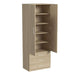 Natural Oak Inovabed Wall Bed with Sofa and Wide Flex Cabinet showing the Wide Flex Cabinet at an angle on a white background with one door open on five shelves above three drawers