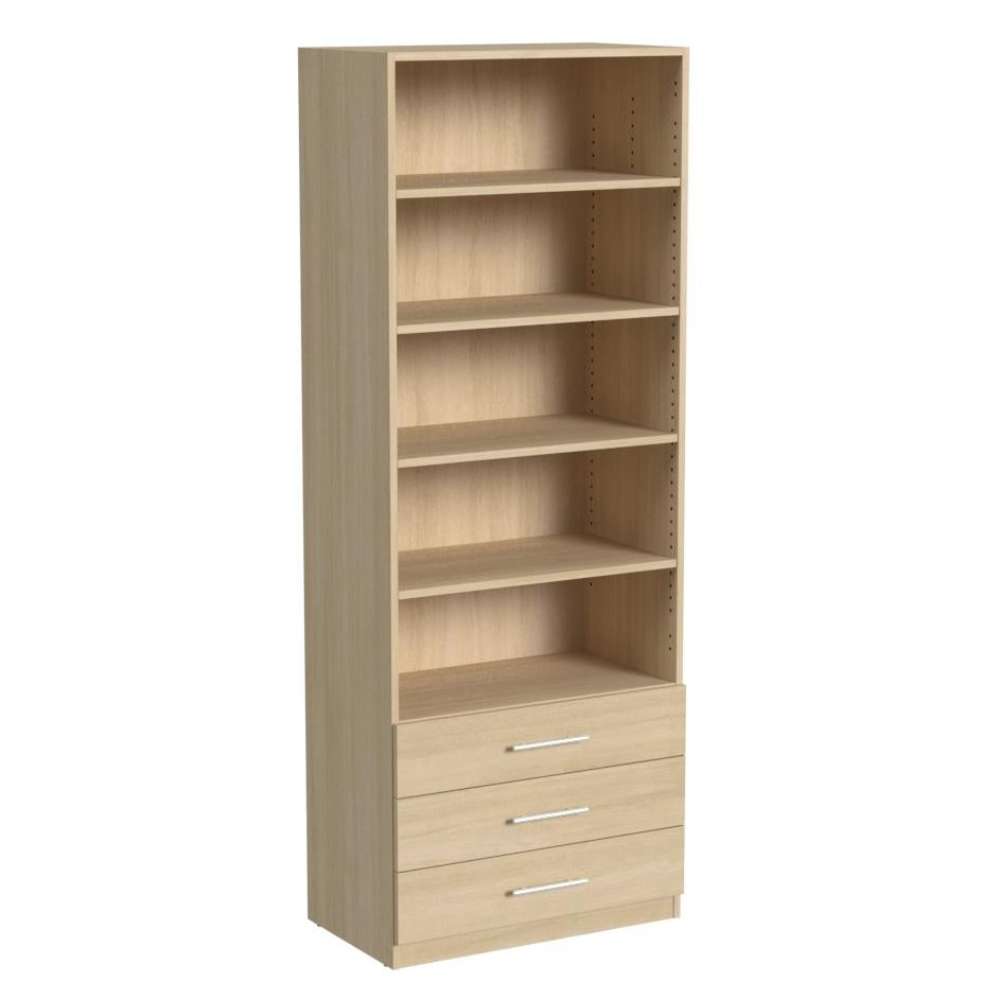 Natural Oak Inovabed Wall Bed with Sofa and Wide Flex Cabinet showing the Wide Flex Cabinet at an angle on a white background with the doors removed, revealing five open shelves above three drawers