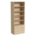Natural Oak Inovabed Wall Bed with Sofa and Wide Flex Cabinet showing the Wide Flex Cabinet at an angle on a white background with the doors removed, revealing five open shelves above three drawers
