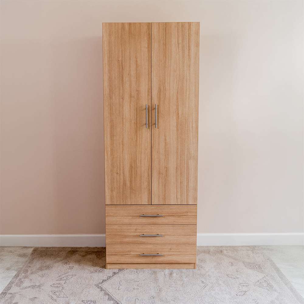 Natural Oak Inovabed Wall Bed with Sofa and Wide Flex Cabinet showing the Wide Flex Cabinet closed against a wall in a carpeted room