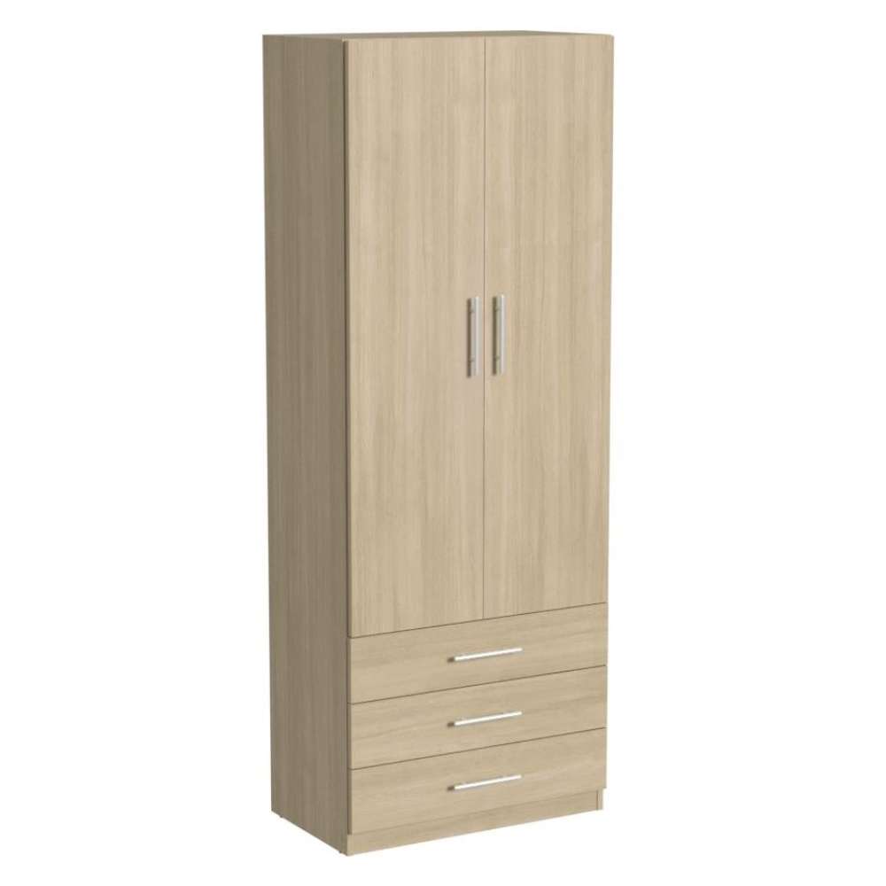 Natural Oak Inovabed Wall Bed with Sofa and Wide Flex Cabinet showing the Wide Flex Cabinet closed at an angle on a white background, with two tall doors above three drawers