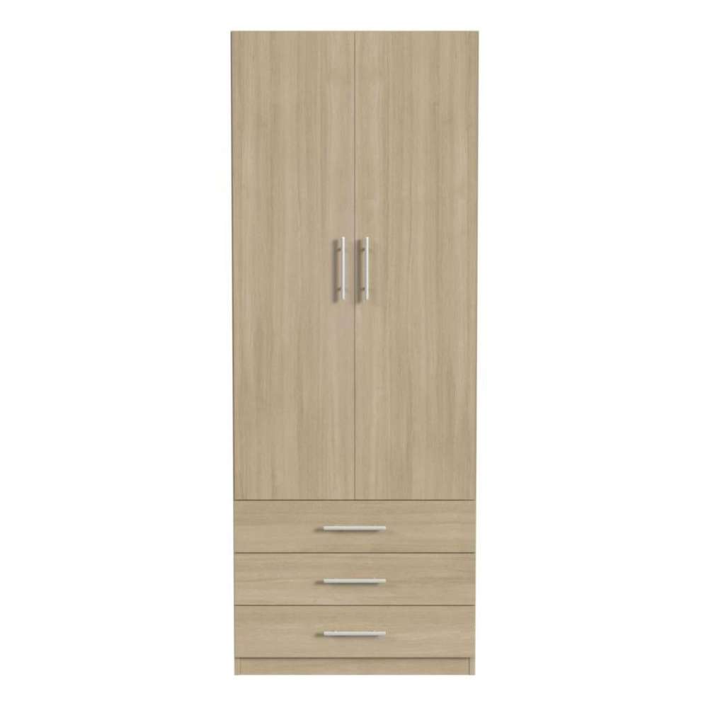Natural Oak Inovabed Wall Bed with Sofa and Wide Flex Cabinet showing the Wide Flex Cabinet closed head-on on a white background, with two tall doors above three drawers