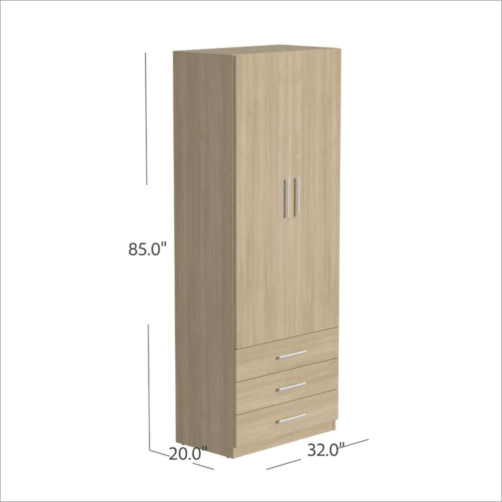 Natural Oak Inovabed Wall Bed with Sofa and Wide Flex Cabinet showing the Wide Flex Cabinet closed with dimension labels reading 85 inches high, 20 inches deep and 32 inches wide