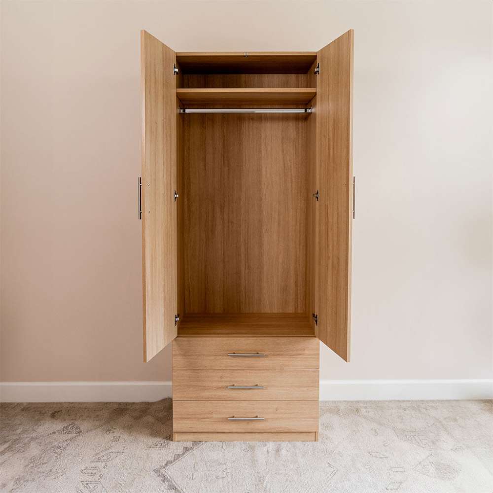 Natural Oak Inovabed Wall Bed with Sofa and Wide Flex Cabinet showing the Wide Flex Cabinet open head-on in a room, with an empty wardrobe rod and three drawers below