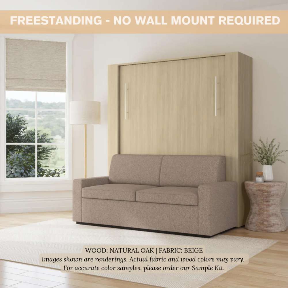 Natural Oak Inovabed Wall Bed with Sofa closed as a sofa in a bright room under a banner reading freestanding no wall mount required, captioned wood Natural Oak and fabric Beige
