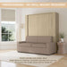 Natural Oak Inovabed Wall Bed with Sofa closed as a sofa in a bright room under a banner reading freestanding no wall mount required, captioned wood Natural Oak and fabric Beige