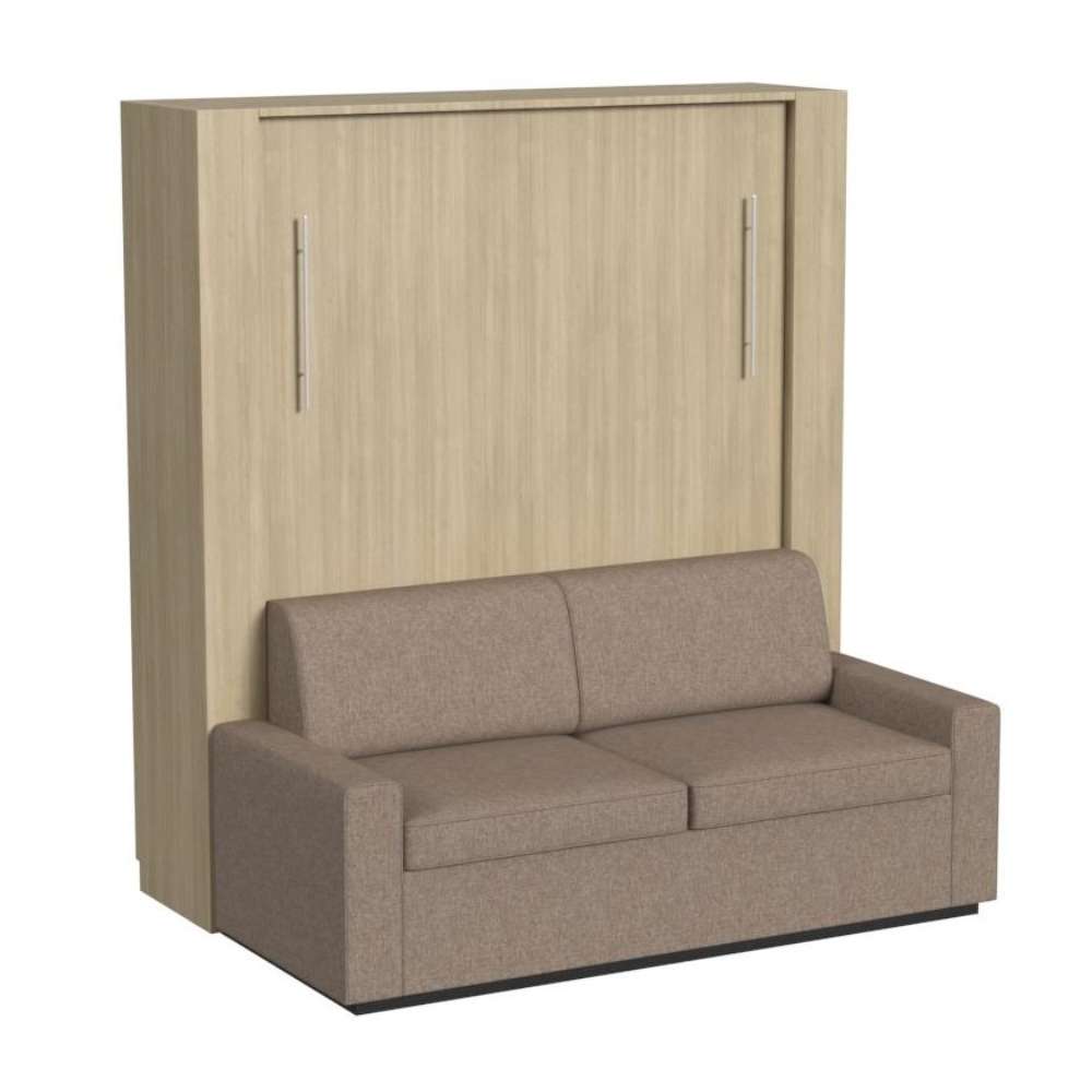Natural Oak Inovabed Wall Bed with Sofa closed on a white background, showing the two-seat beige sofa in front of the cabinet and two slim silver handles