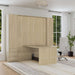 Natural Oak Inovabed Wall Bed with Table and Two Narrow Flex Cabinets closed in a bright room with the table extended and a white office chair pulled up to it