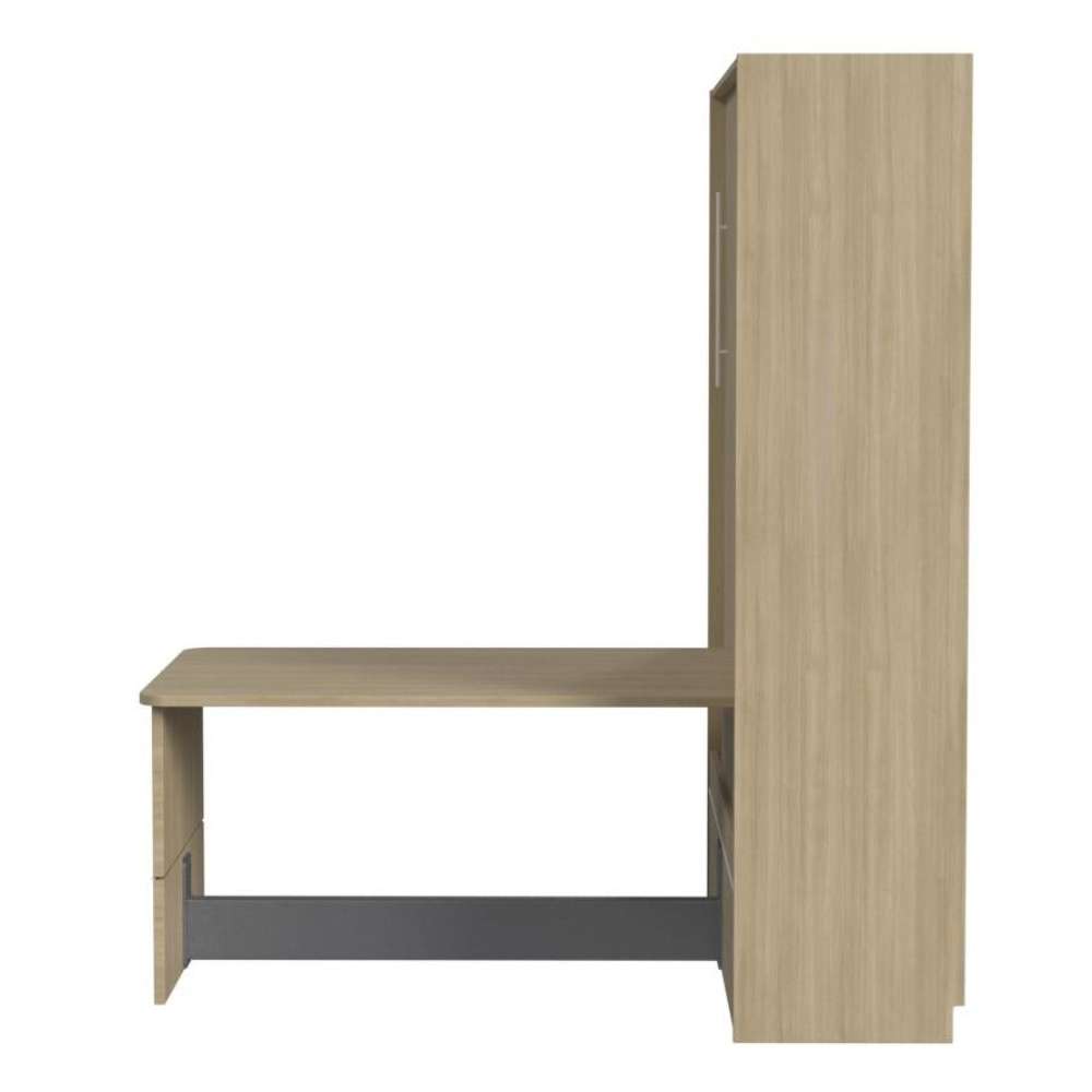 Natural Oak Inovabed Wall Bed with Table and Two Narrow Flex Cabinets in side profile on a white background, closed with the tabletop projecting forward