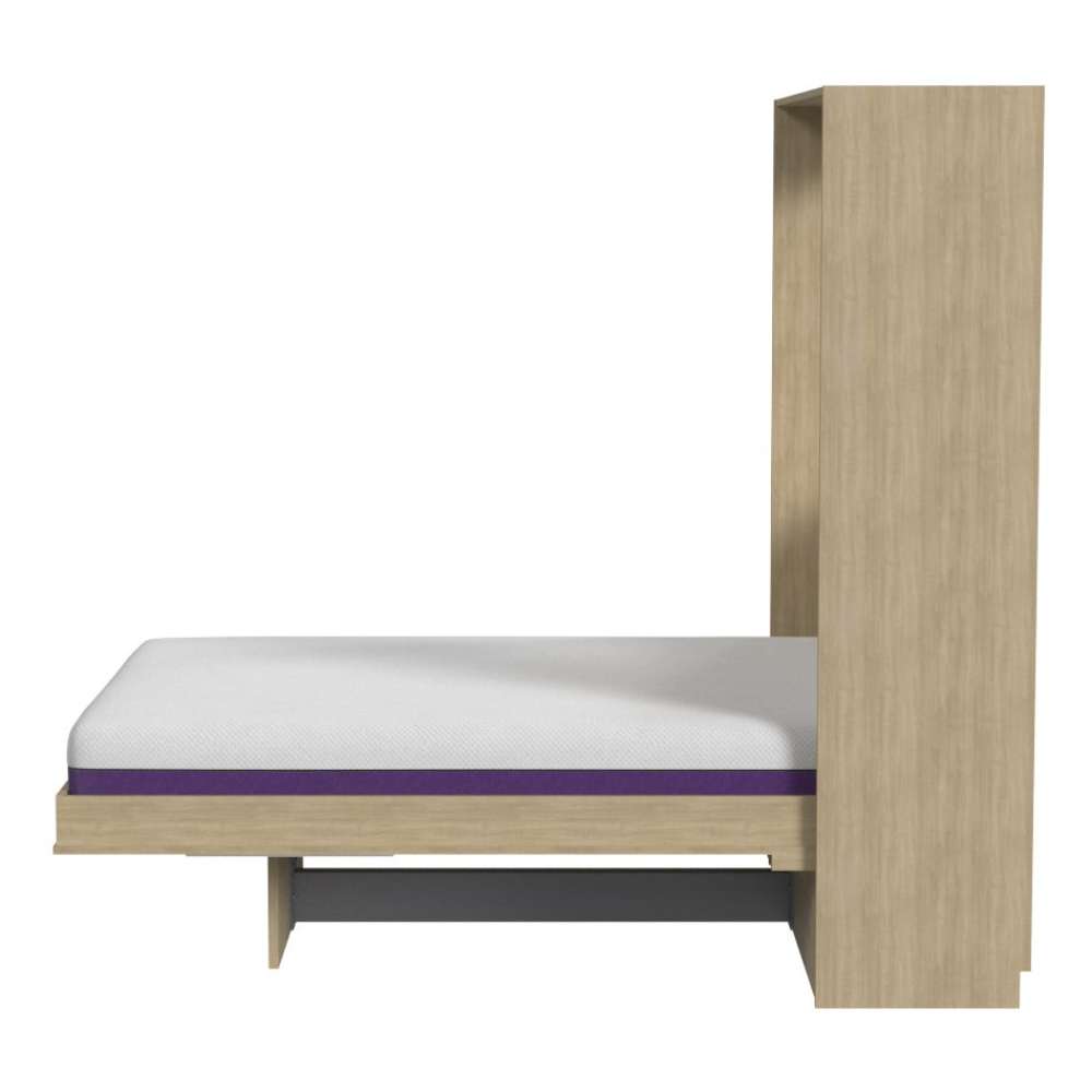 Natural Oak Inovabed Wall Bed with Table and Two Narrow Flex Cabinets in side profile on a white background, opened with a bare mattress above a dark footrest bar