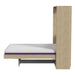 Natural Oak Inovabed Wall Bed with Table and Two Narrow Flex Cabinets in side profile on a white background, opened with a bare mattress above a dark footrest bar