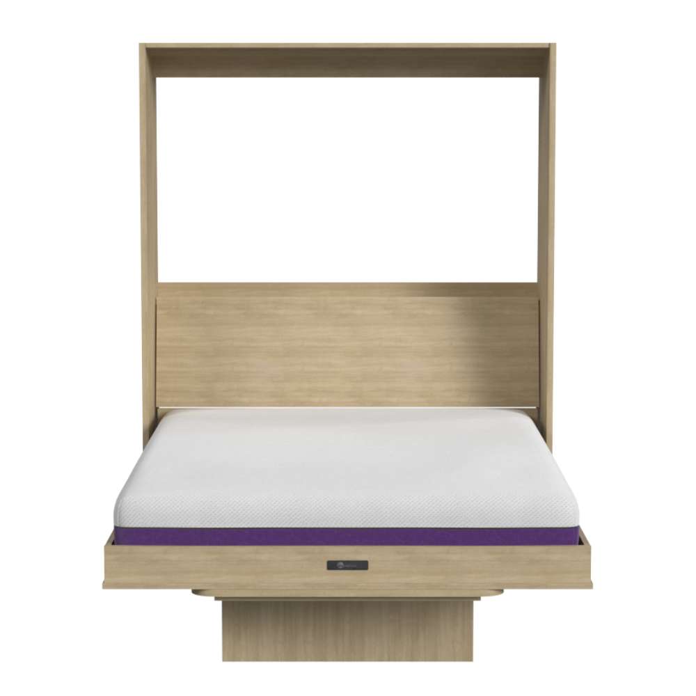 Natural Oak Inovabed Wall Bed with Table and Two Narrow Flex Cabinets seen head-on on a white background, opened with a bare mattress showing a purple band along its edge