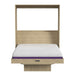 Natural Oak Inovabed Wall Bed with Table and Two Narrow Flex Cabinets seen head-on on a white background, opened with a bare mattress showing a purple band along its edge