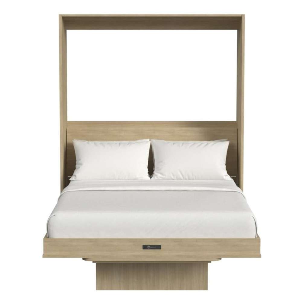 Natural Oak Inovabed Wall Bed with Table and Two Narrow Flex Cabinets seen head-on on a white background, opened with two white pillows and white bedding