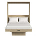 Natural Oak Inovabed Wall Bed with Table and Two Narrow Flex Cabinets seen head-on on a white background, opened with two white pillows and white bedding