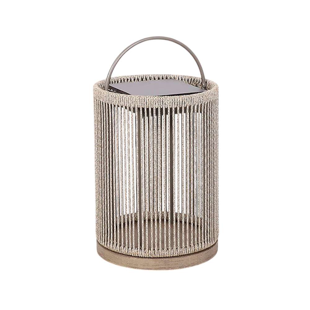 Natural Rope Crate & Barrel Alto Rope Outdoor Solar LED Lantern 17" wrapped in natural rope on a teak base with a rustproof aluminum frame