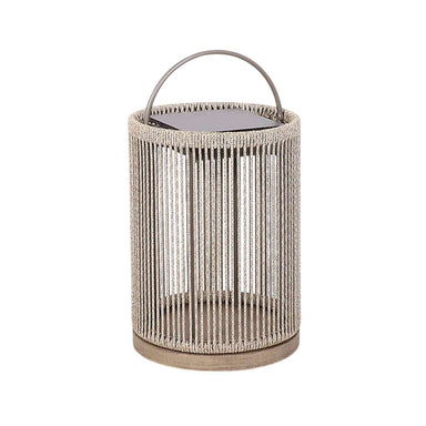 Natural Rope Crate & Barrel Alto Rope Outdoor Solar LED Lantern 17" wrapped in natural rope on a teak base with a rustproof aluminum frame