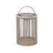 Natural Rope Crate & Barrel Alto Rope Outdoor Solar LED Lantern 17" wrapped in natural rope on a teak base with a rustproof aluminum frame