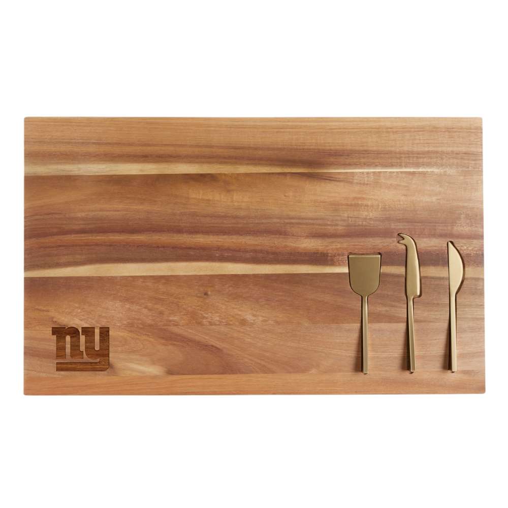 New York Giants Crate & Barrel Octavia Large Wood Board with acacia wood and stainless steel cheese knives