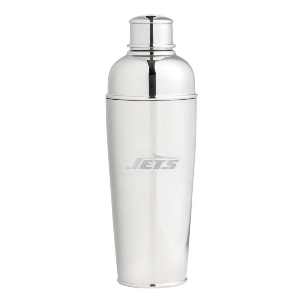 New York Jets Crate & Barrel Easton Stainless Steel Cocktail Shaker with polished stainless steel and team logo design