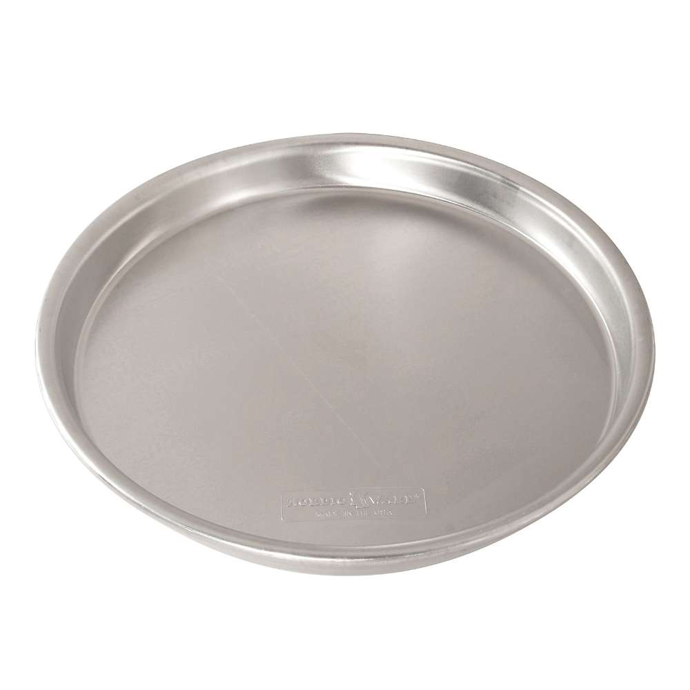 Nordic Ware Naturals 14" Deep Dish Pizza Pan angled on white showing the deep sidewall the smooth base and the Nordic Ware stamp.