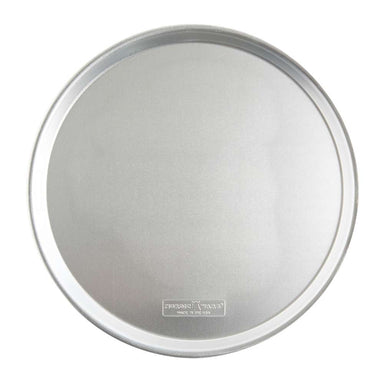Nordic Ware Naturals 14" Traditional Pizza Pan seen from above on white showing the smooth round natural aluminum pan with its rolled rim and the Nordic Ware stamp.