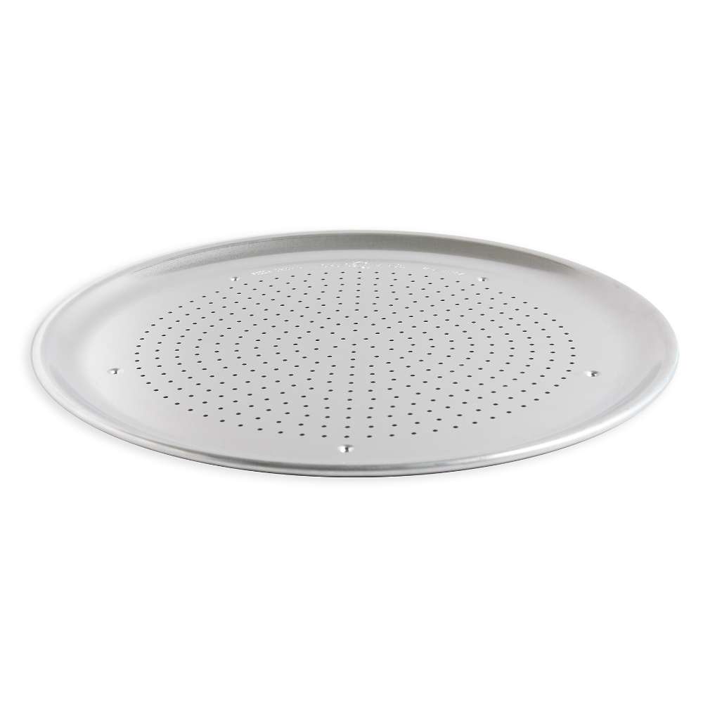 Nordic Ware Naturals 16" Air Crisper Pizza Pan at a low angle on white showing the perforated base and the rolled rim.