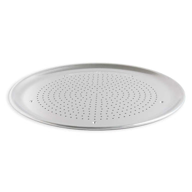 Nordic Ware Naturals 16" Air Crisper Pizza Pan at a low angle on white showing the perforated base and the rolled rim.