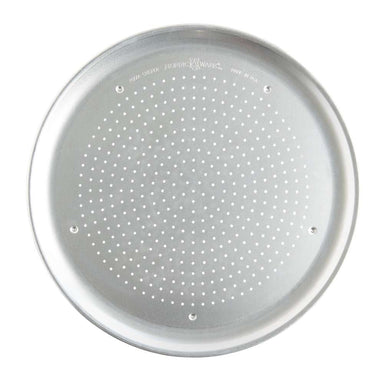 Nordic Ware Naturals 16" Air Crisper Pizza Pan seen from above on white showing the round natural aluminum pan perforated with small holes across the base.