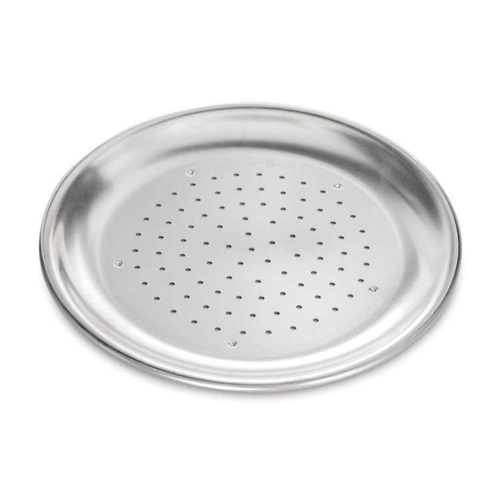 Nordic Ware Naturals 9" Air Crisper Pizza Pan angled on white showing the pattern of perforations across the base and the raised rim.