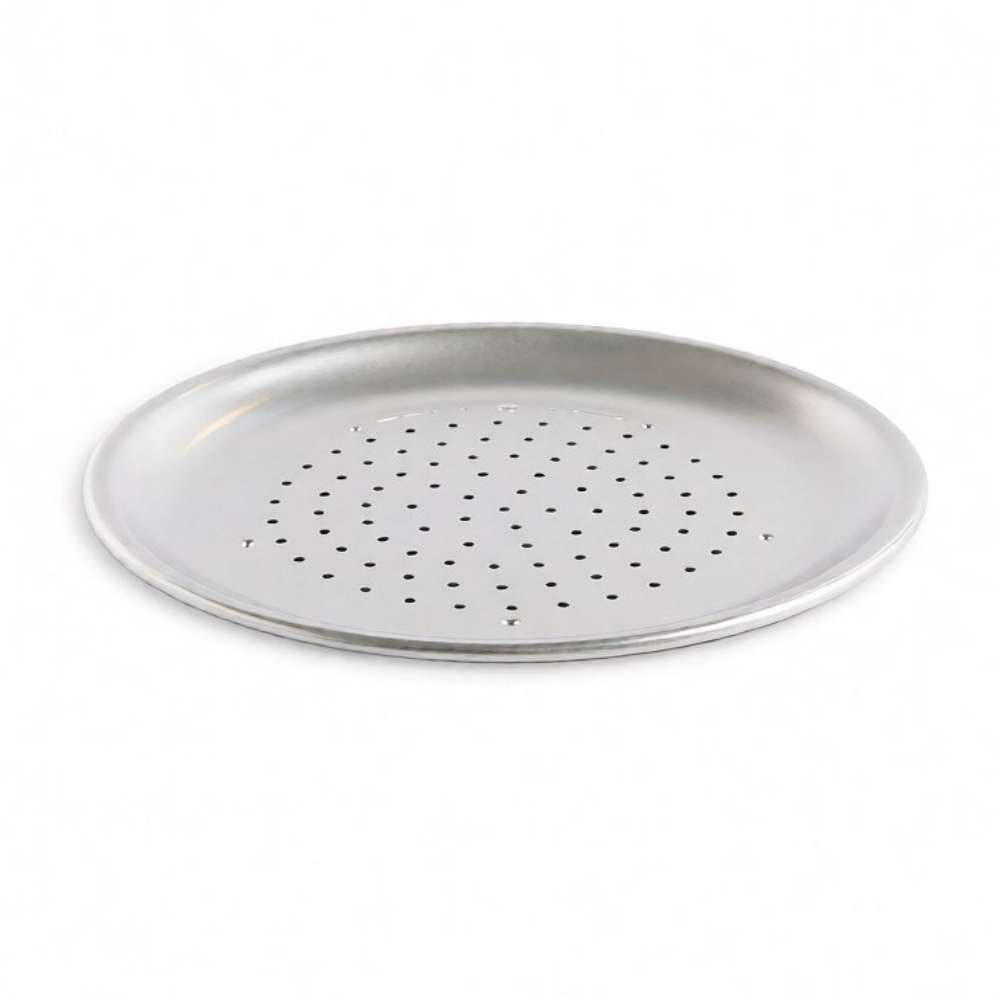 Nordic Ware Naturals 9" Air Crisper Pizza Pan at a low angle on white showing the perforated base and the shallow rolled rim.