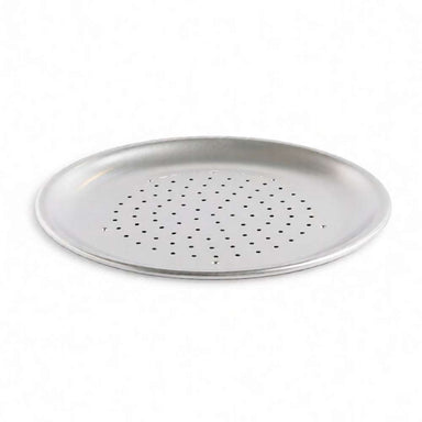 Nordic Ware Naturals 9" Air Crisper Pizza Pan at a low angle on white showing the perforated base and the shallow rolled rim.