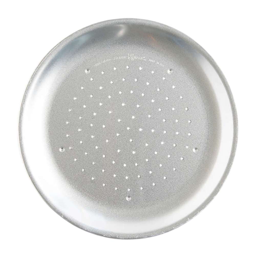 Nordic Ware Naturals 9" Air Crisper Pizza Pan seen from above on white showing the small round natural aluminum pan perforated across the center.