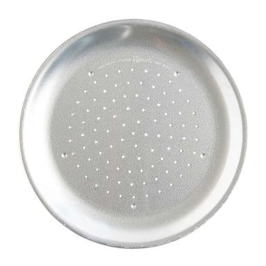 Nordic Ware Naturals 9" Air Crisper Pizza Pan seen from above on white showing the small round natural aluminum pan perforated across the center.