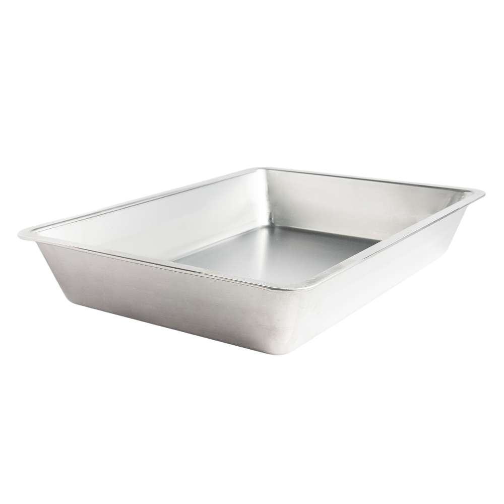 Nordic Ware Naturals Detroit-Style Pizza Pan angled on white showing the depth of the rectangular pan and its rolled rim.