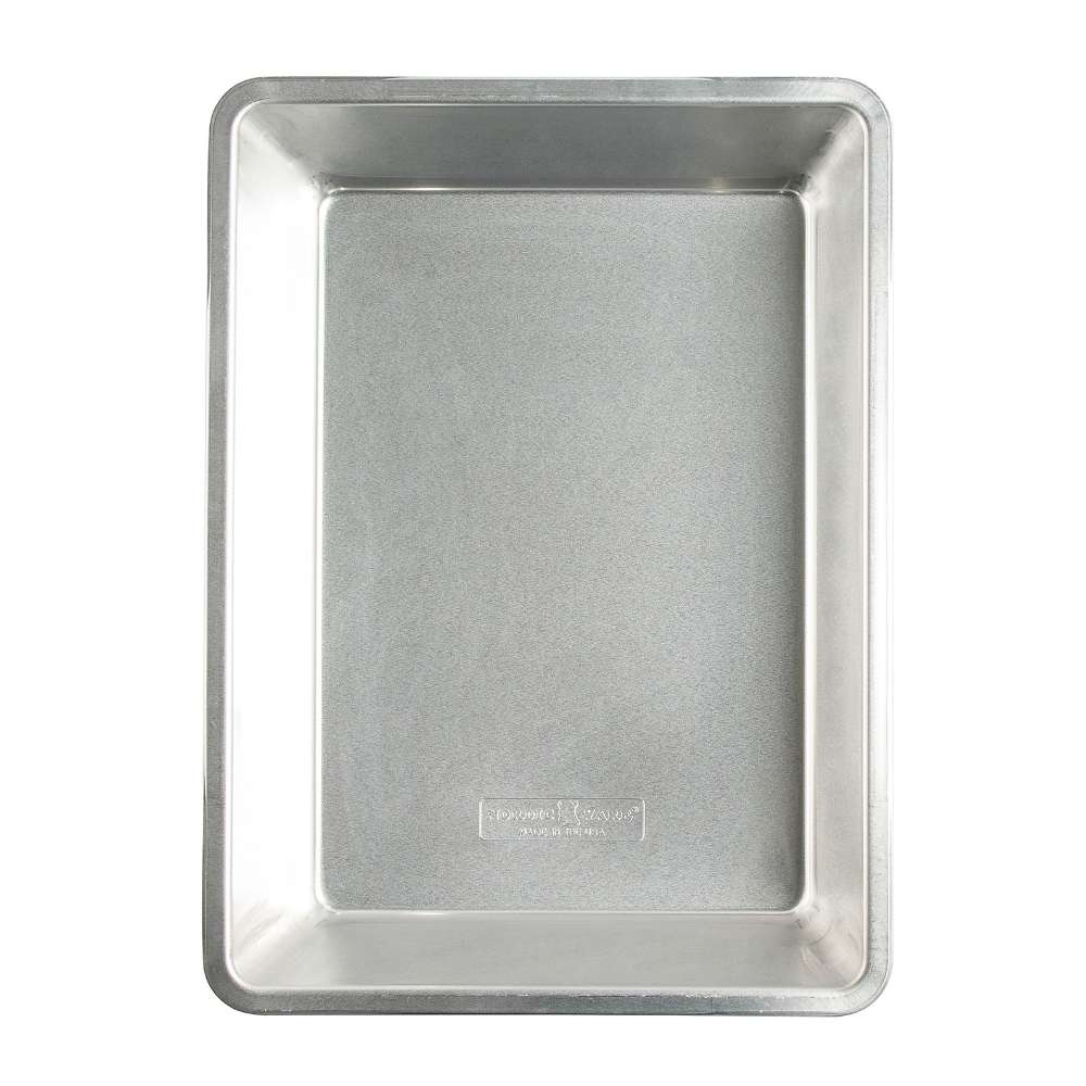 Nordic Ware Naturals Detroit-Style Pizza Pan seen from above on white showing the rectangular natural aluminum pan with straight sides and the Nordic Ware stamp in the base.