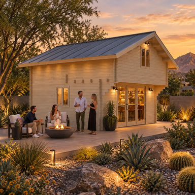Opposite-side view of the Northwood Grand DD 70mm Freedom Loft Studio at golden hour. Four adults socialize around a fire feature while the illuminated backyard bar is visible through the double glass doors.
