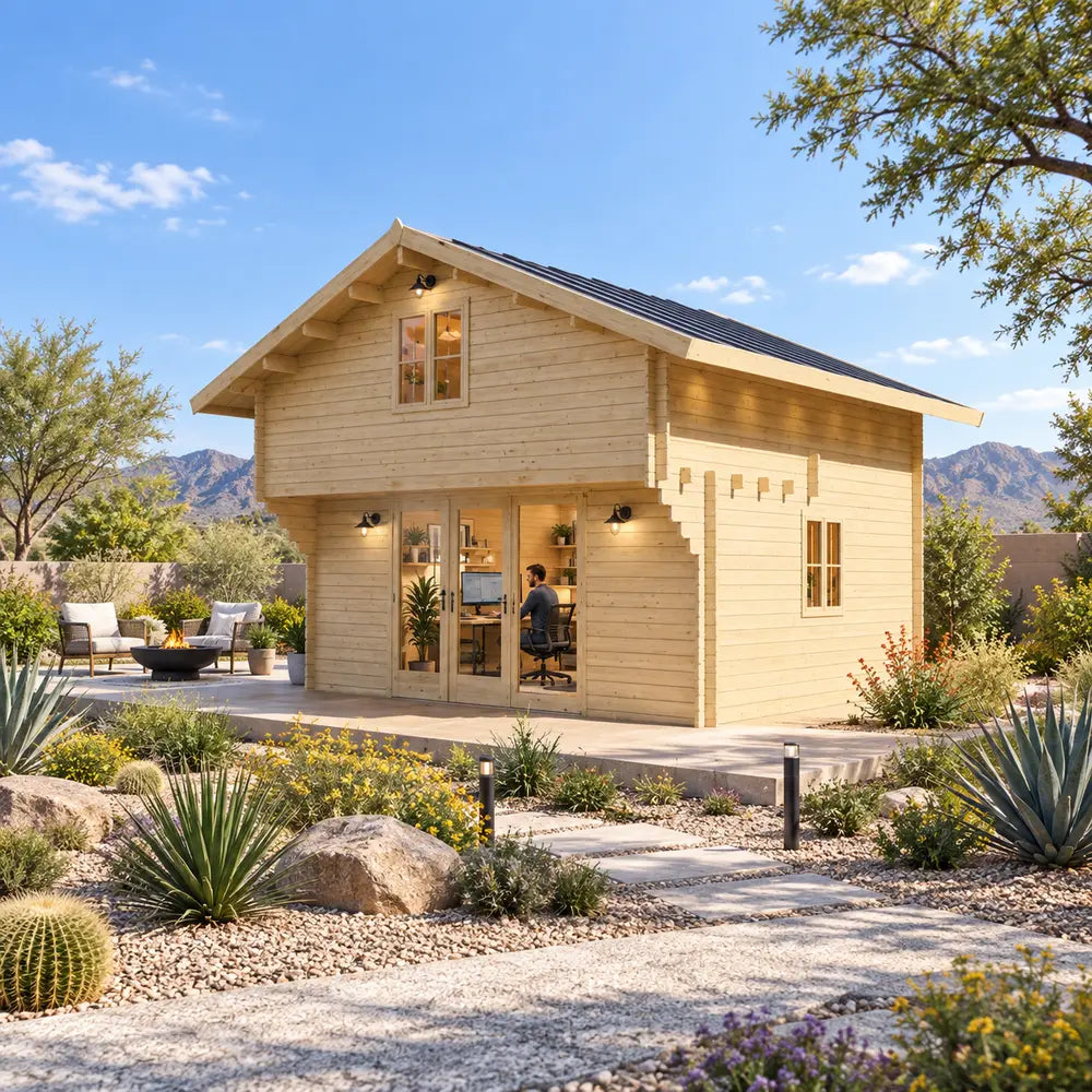Front-right view of the 225-square-foot Northwood Grand DD 70mm Freedom Loft Studio in a sunny Nevada backyard. An adult works inside the compact office, surrounded by desert plants, boulders, pathway lights, outdoor seating, and distant mountains.

