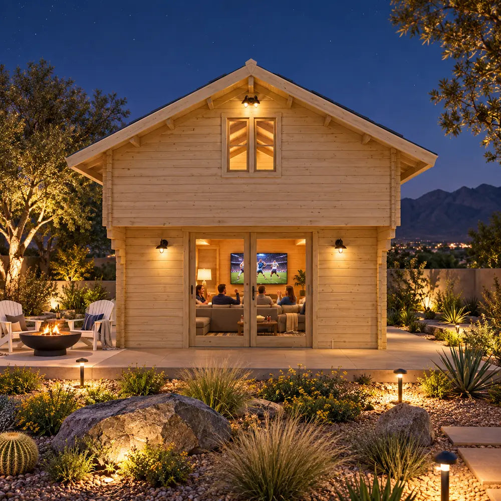 Centered front view of the illuminated Northwood Grand DD 70mm Freedom Loft Studio on a clear Nevada night. Family and friends watch sports through the double glass doors while pathway lights, desert plants, boulders, a fire feature, and mountains frame the structure.
