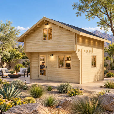 Front-right view of the 225-square-foot Northwood Grand SD 70mm Freedom Loft Studio in a sunny Nevada backyard. An adult works inside the compact office, surrounded by desert plants, boulders, pathway lighting, outdoor seating, and distant mountains.
